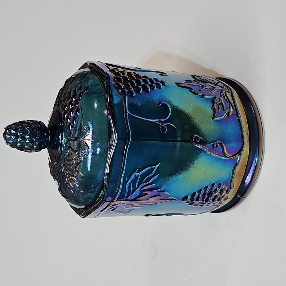 Vintage Indiana Glass Blue Carnival Glass "Harvest Grape" Jar Canister w/ Lid - Picture 4 of 16
